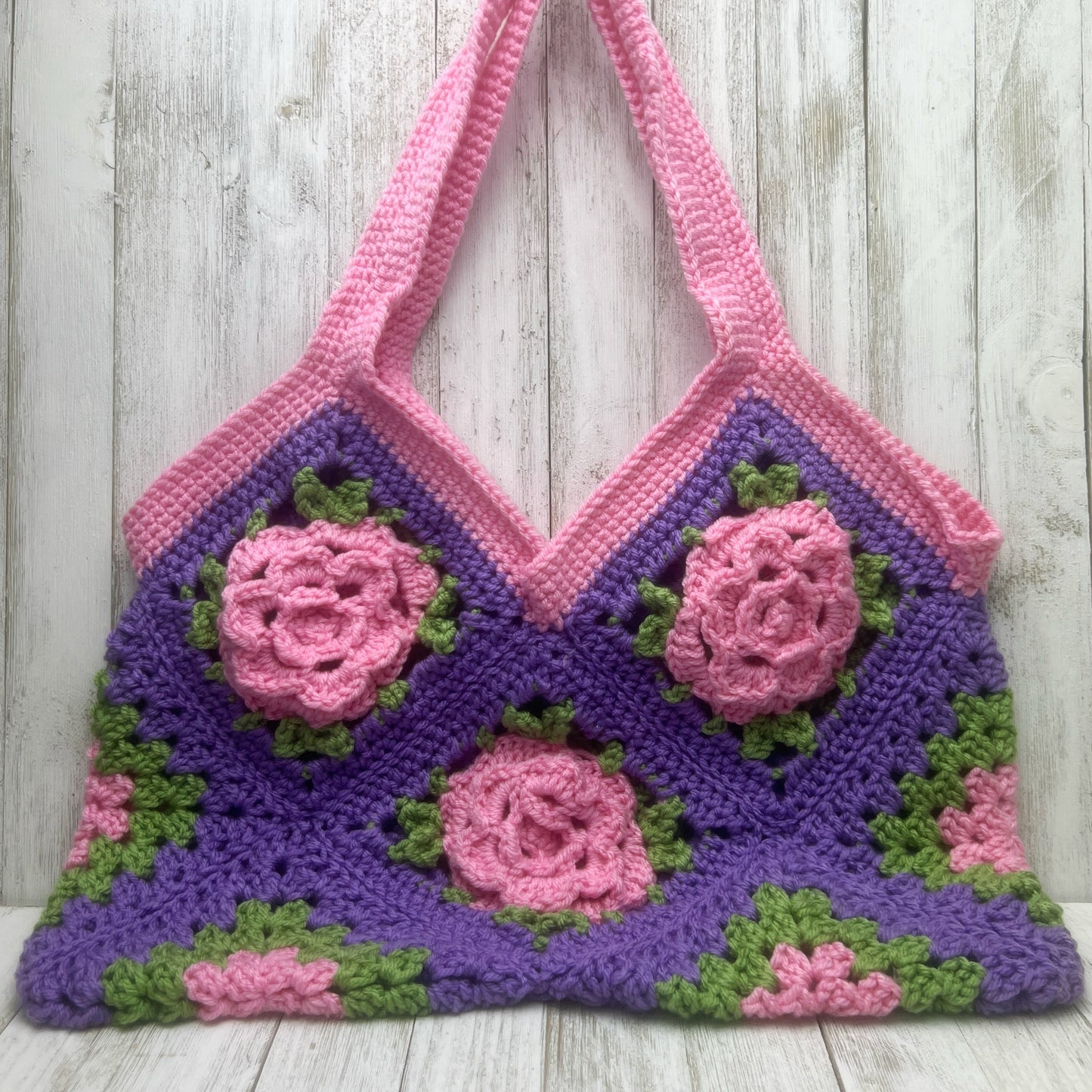 Pink Rose Crochet Tote Bag