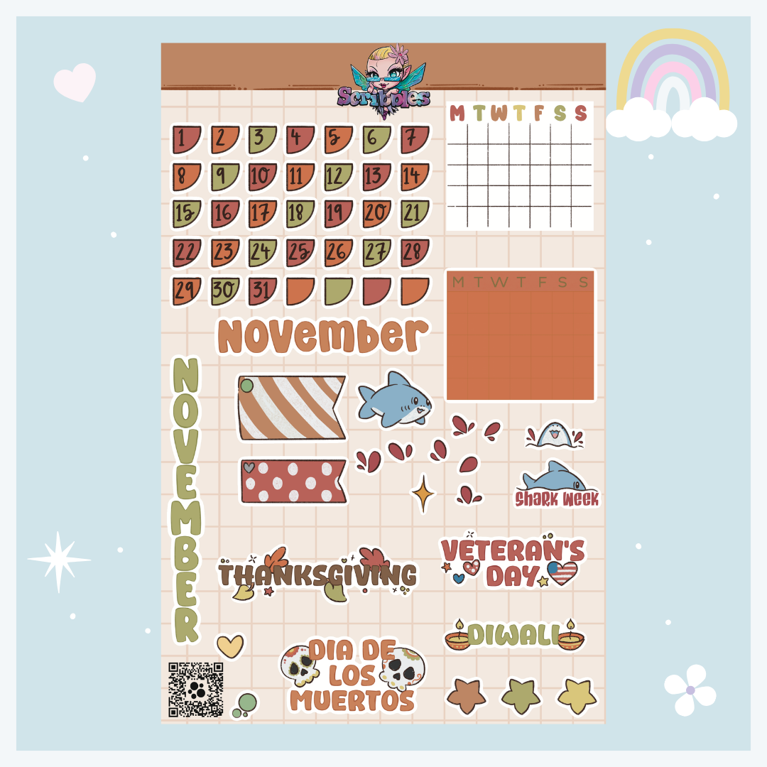 November Autumn Leaves Sticker Sheet Kit & Individual Sheets 2027 & Undated