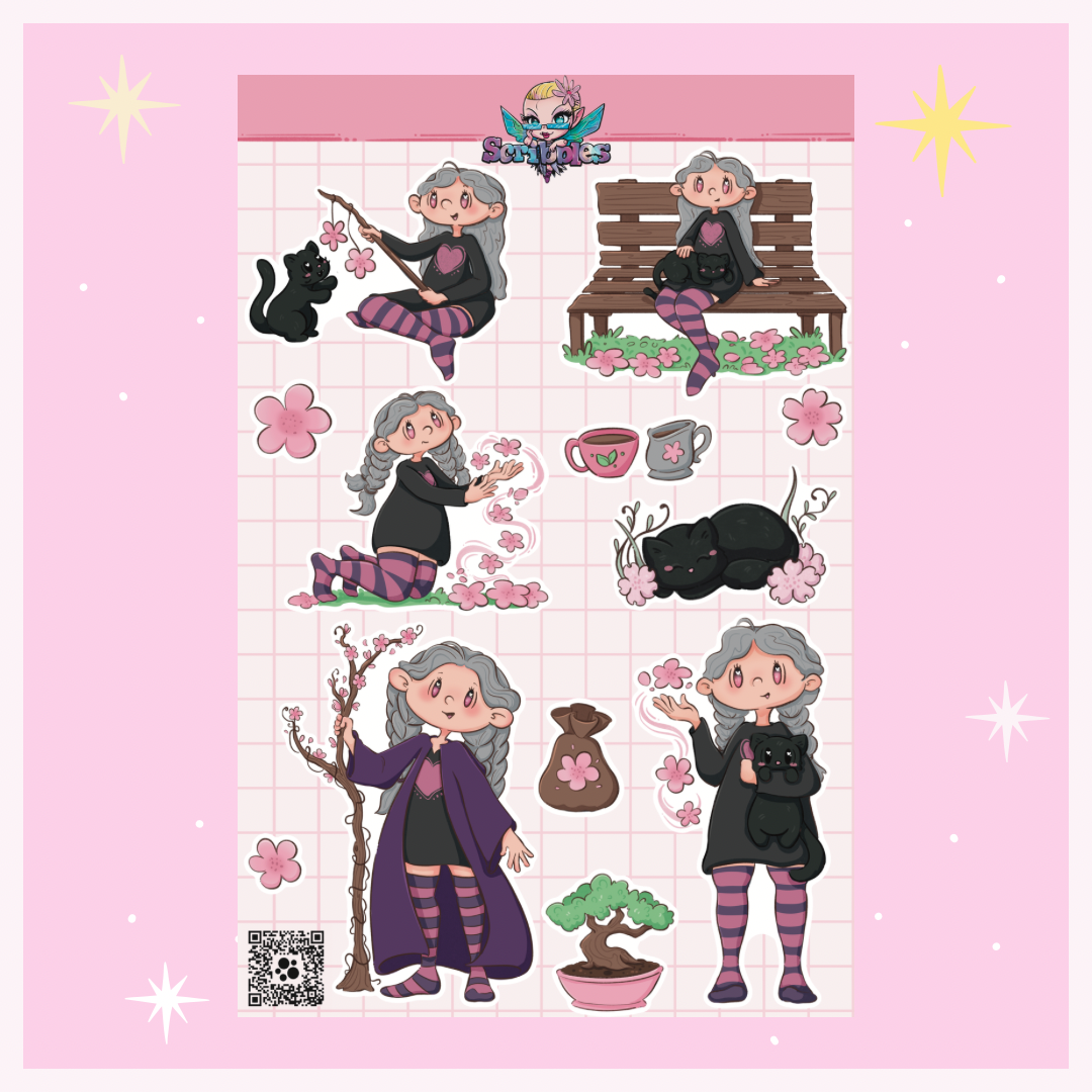 Hanari the Wtich and Moss the Cat Sticker Sheet