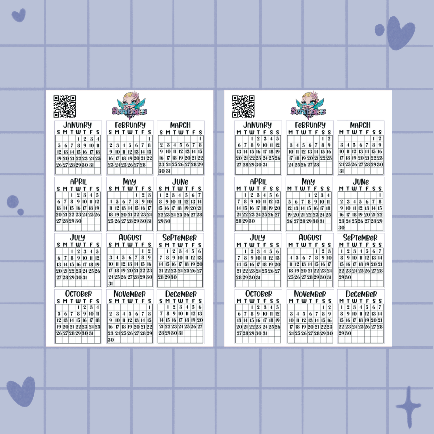 Sunday & Monday Start Mini Monthly Calendars Planner Sticker Sheet