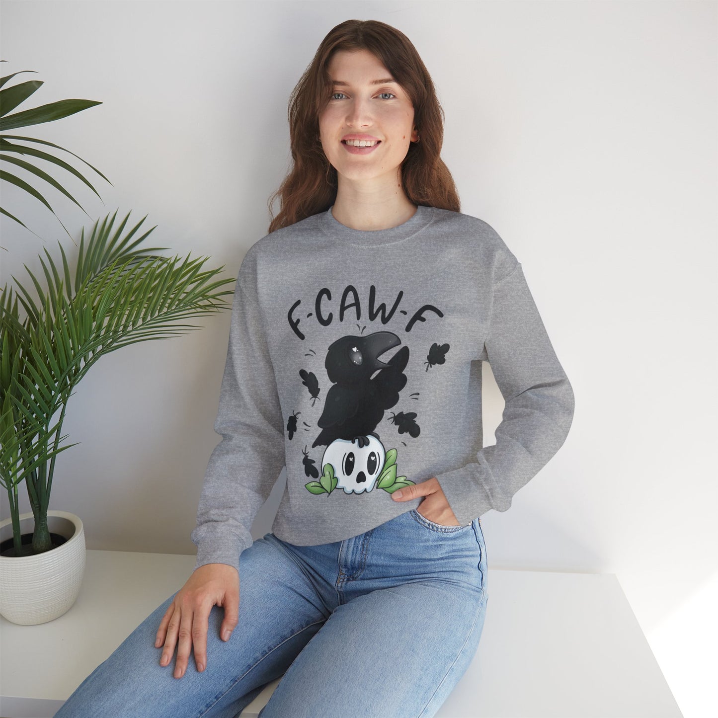 F-Caw-f Cute Crow and Skull Sweatshirt, Unisex Crewneck, Perfect for Halloween, Casual Wear, Cozy Gift for Friends