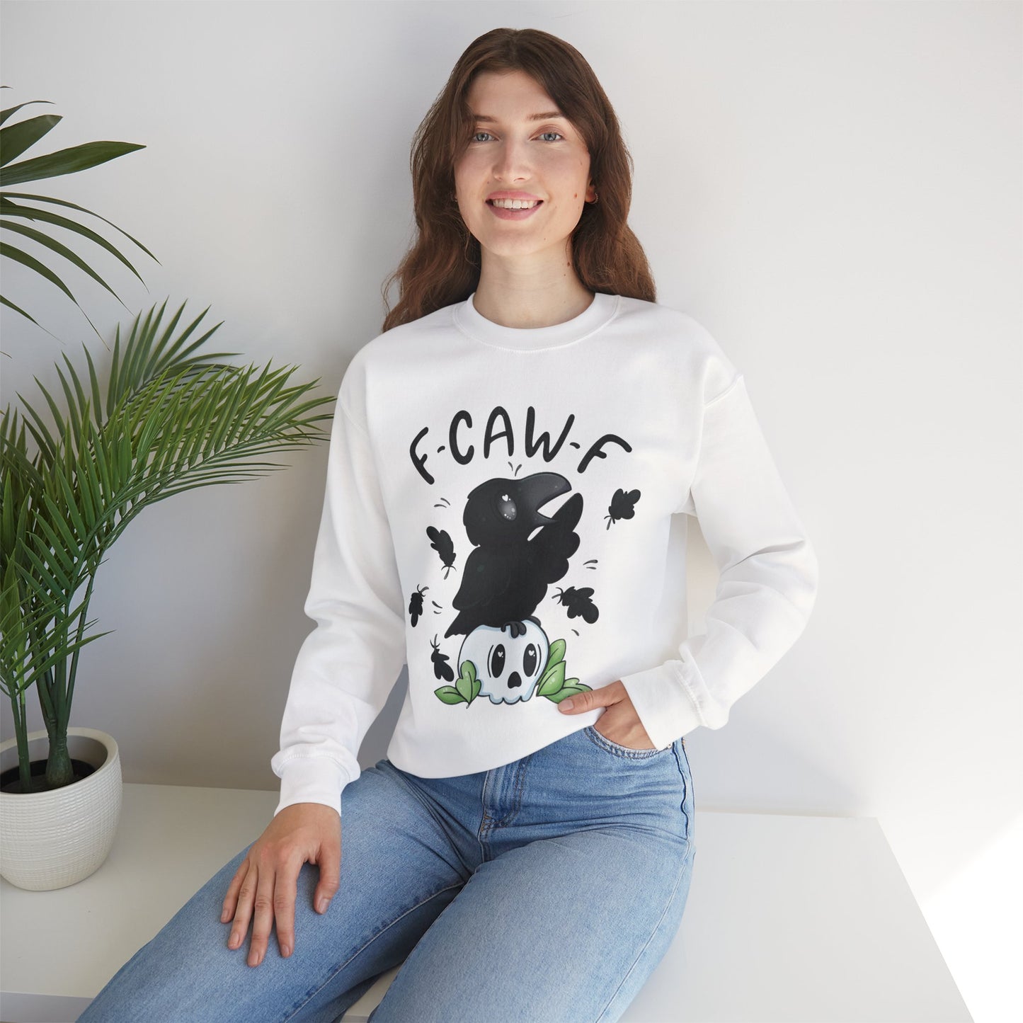 F-Caw-f Cute Crow and Skull Sweatshirt, Unisex Crewneck, Perfect for Halloween, Casual Wear, Cozy Gift for Friends
