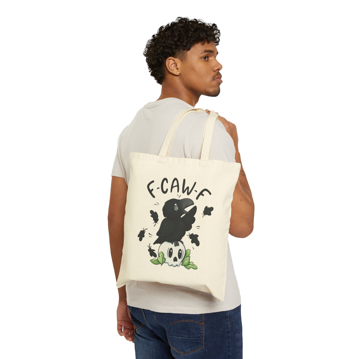 F-Caw-F Crow and Skull Charming Cotton Canvas Tote Bag, Eco-Friendly Shopping Bag, Cute Gift for Animal Lovers, Halloween Tote, Everyday Carryall