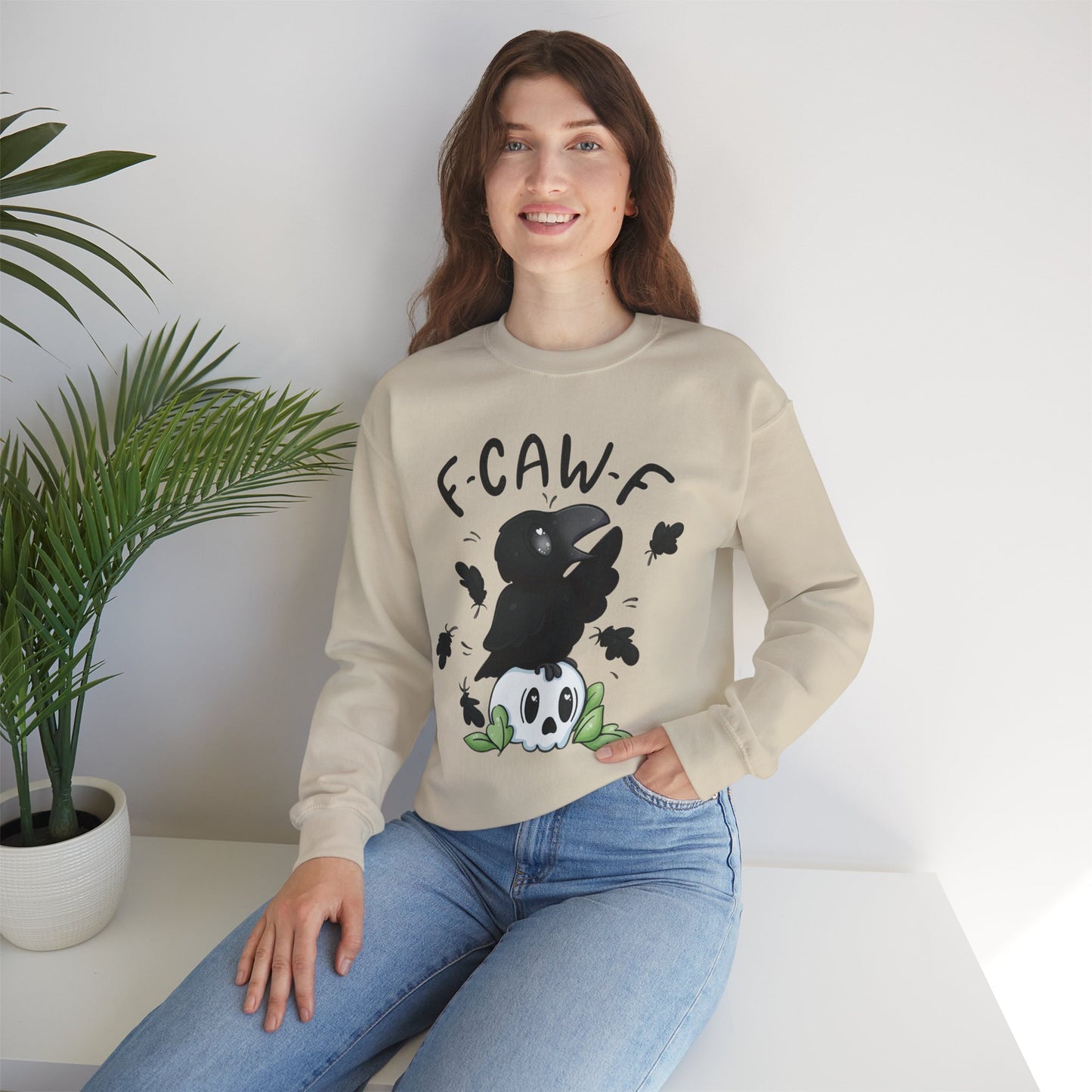 F-Caw-f Cute Crow and Skull Sweatshirt, Unisex Crewneck, Perfect for Halloween, Casual Wear, Cozy Gift for Friends