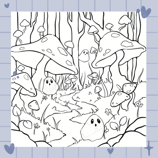 Ghosts in Mushroom Forest Coloring Sheet