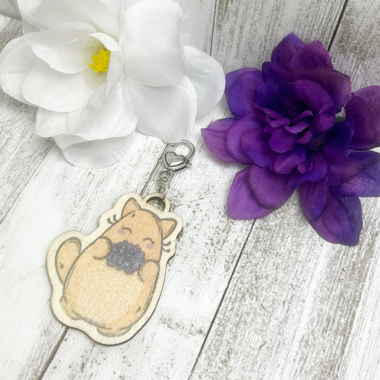 Gingie Cat with Hydrangeas Wooden Keychain