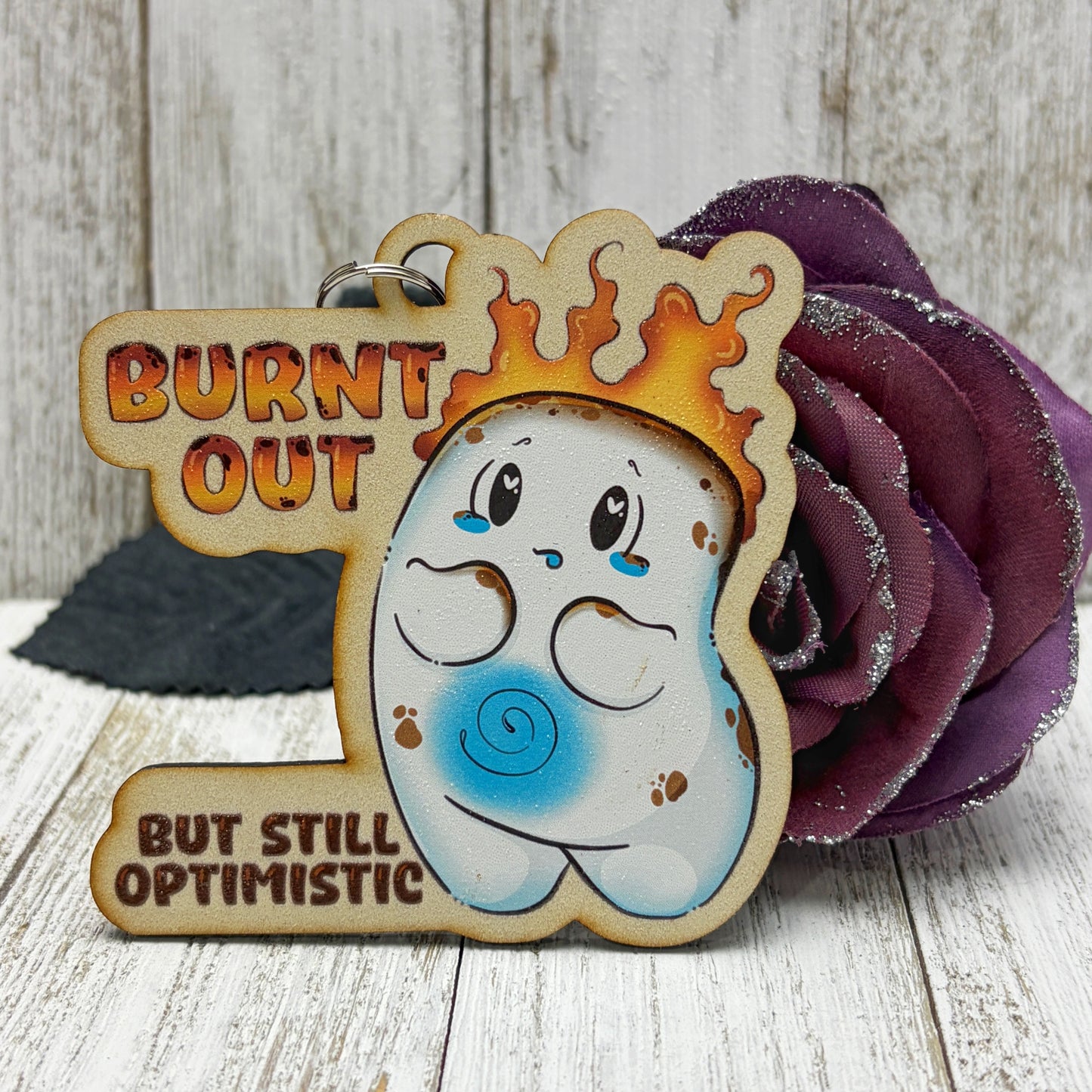 Burnt Out But Still Optimistic Wooden Keychain