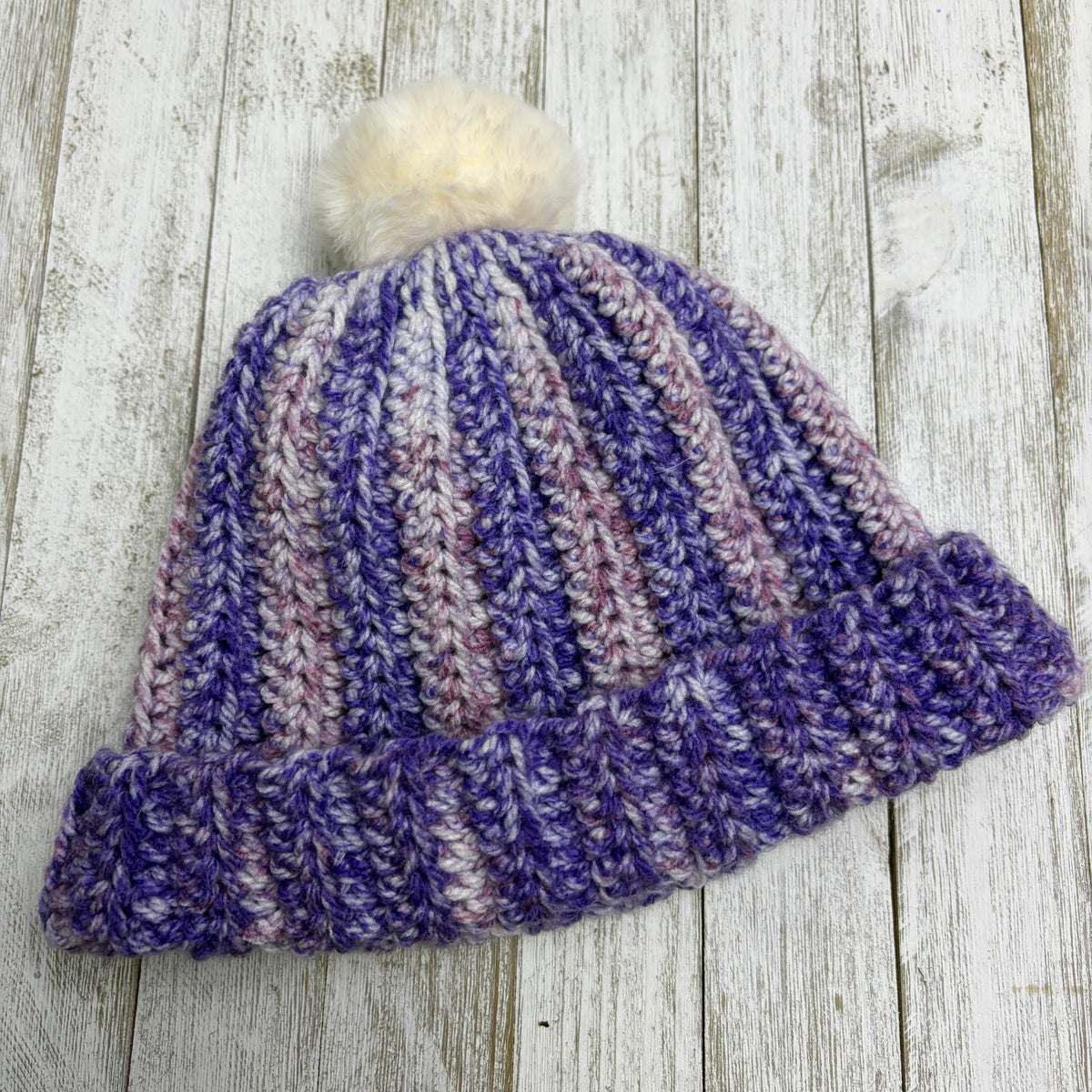 Purple Crochet Beanie with Puff