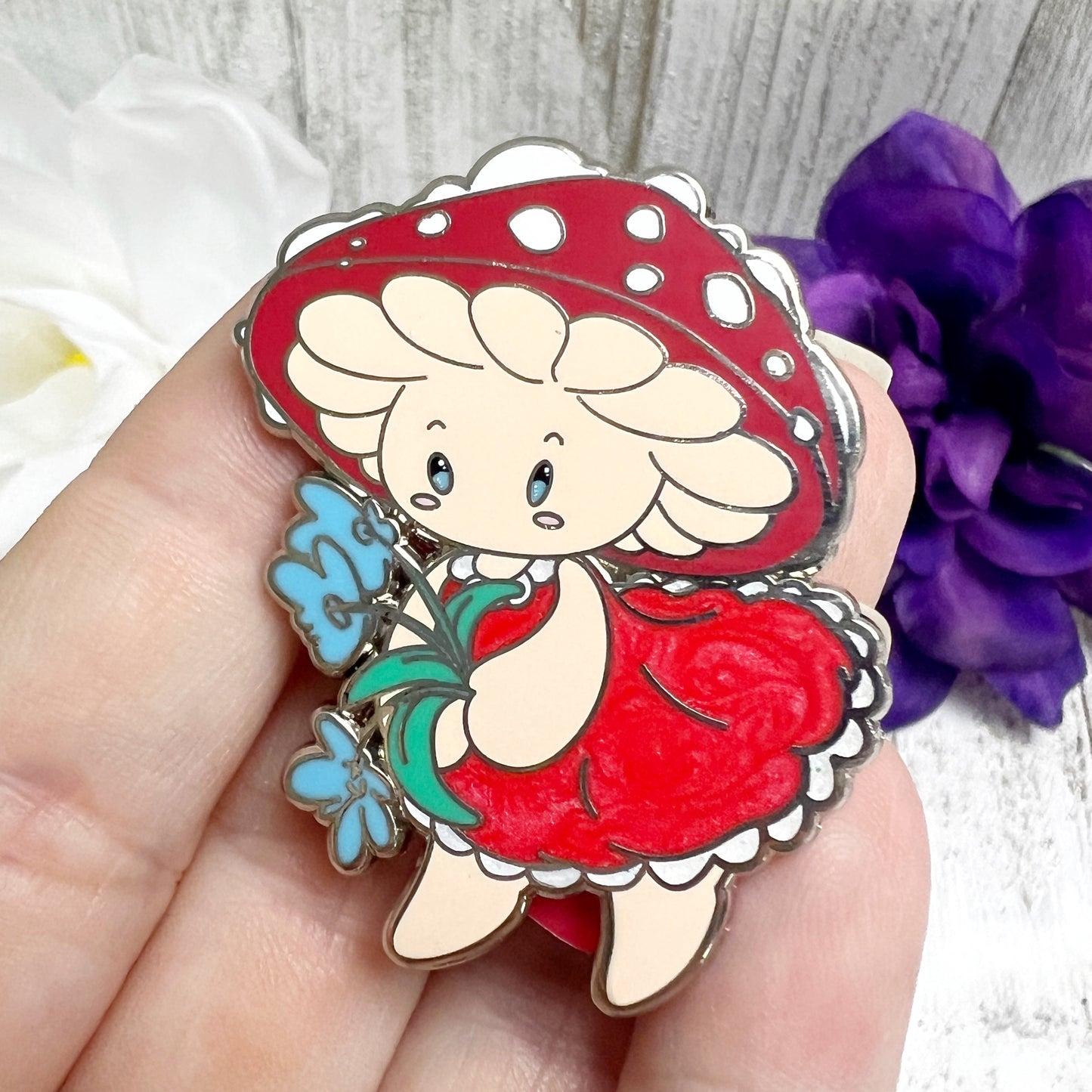 Mushroom Girl With Flowers Enamel Pin