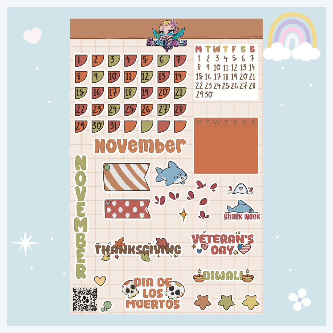 November Autumn Leaves Sticker Sheet Kit & Individual Sheets 2027 & Undated