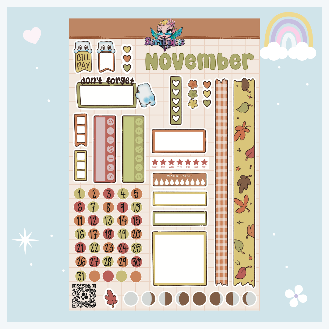 November Autumn Leaves Sticker Sheet Kit & Individual Sheets 2027 & Undated